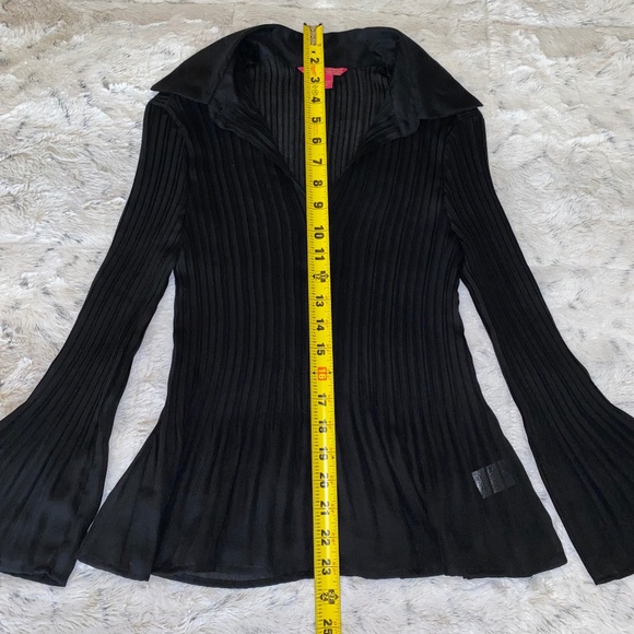Sunny Leigh Pleated Chiffon Black Button Up Flare Sleeves Fitted Button Down S - Picture 7 of 9
